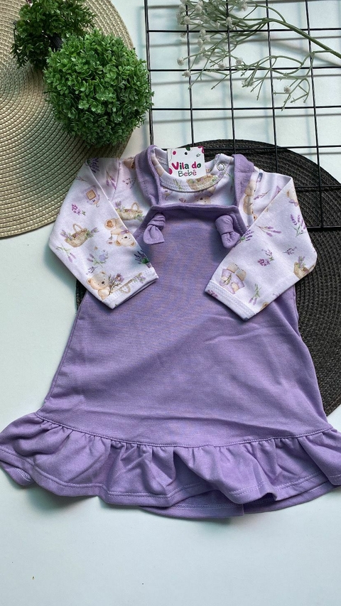 Jardineira + Body de Bebê Menina - Urso Lilás - comprar online