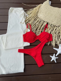 MEIA TAÇA DRAPEADO + CALCINHA ASA DELTA FIO DUPLO (VERMELHO) - CAUSAR moda praia
