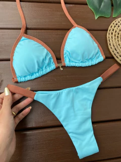 CORTININHA + CALCINHA FITA FIO DUPLO (AZUL + BRONZE)