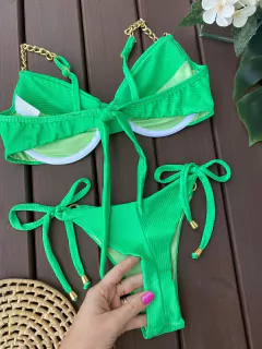 MEIA TAÇA CORRENTE + CALCINHA TIRINHA FIO DUPLO (MALHA CANELADA ÉDEN VERDE HORTELÃ) - comprar online