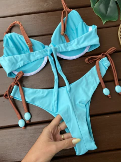 MEIA TAÇA + CALCINHA REGULAGEM FIO DUPLO (AZUL COM BRONZE) - comprar online