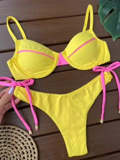 MEIA TAÇA + CALCINHA REGULAGEM FIO DUPLO ( amarelo com rosa)