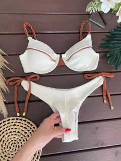 Meia taça + calcinha regulagem fio duplo (off white + bronze) - comprar online