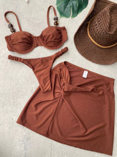 Imagem do MEIA TAÇA DRAPEADO + CALCINHA FRUFRU FIO DUPLO (MARROM)