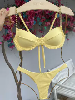 MEIA TAÇA COM CORRENTE + CALCINHA FITA LARGA FIO DUPLO (amarelo manteiga)