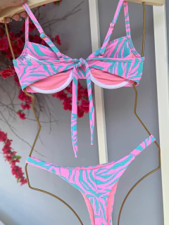 MEIA TAÇA + CALCINHA FITA FIO DUPLO (ZEBRA ROSA/VERDE ÁGUA) - CAUSAR moda praia