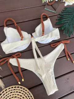 Meia taça + calcinha regulagem fio duplo (off white + bronze) - CAUSAR moda praia