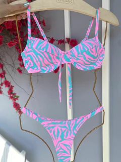 MEIA TAÇA + CALCINHA FITA FIO DUPLO (ZEBRA ROSA/VERDE ÁGUA)