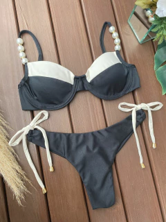 MEIA TAÇA COM PÉROLAS + CALCINHA REGULAGEM FIO DUPLO ( PRETO COM OFF WHITE)