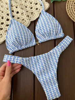 CORTININHA + CALCINHA FITA LARGA (FIO DUPLO) (textura azul com branco)