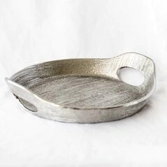 Bandeja redonda con asas plata ceramica rayado grande 31cm