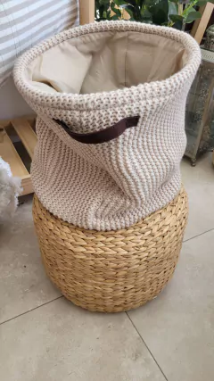 Canasto tejido lana beige 35x34cm - comprar online