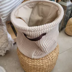 Canasto tejido lana beige 35x34cm - comprar online
