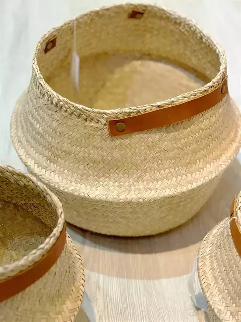 CANASTO Vietnam plegable FIBRA NATURAL CON ECOCUERO LARGE 35x24 8008L