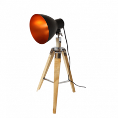 Lampara tripode reflector spot negra y cobre patas madera 65cm