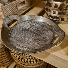Bandeja redonda con asas plata ceramica rayado grande 31cm - kazaru