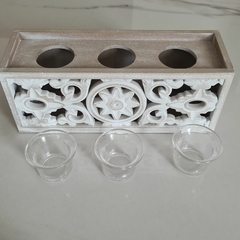 MARLO Portavela candelabro triple madera calada - tienda online