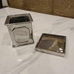 Maceta cuadrada plata ceramica con plato base 13cm - kazaru