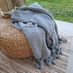 Manta Algodón Gris con Pompones 75x150cm