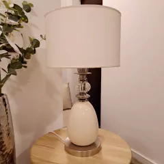 Velador Huevo Cerámica Beige Pantalla Lino