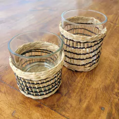 Vaso Posavela Rattan combinado negro y vidrio calado mediano 9cm