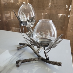 Candelabro Rama 2 Portavelas Hojas con Vidrio
