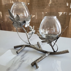 Candelabro Rama 2 Portavelas Hojas con Vidrio - kazaru