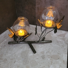 Candelabro Rama 2 Portavelas Hojas con Vidrio - kazaru