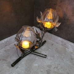 Candelabro Rama 2 Portavelas Hojas con Vidrio