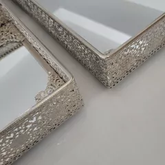 Set x3 Bandejas Espejadas Rectangulares Altas Plateado Brillante - kazaru
