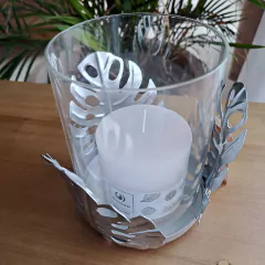 Fanal Plateado Portavela Monstera con Vidrio 11Cm en internet