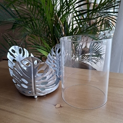 Fanal Plateado Portavela Monstera con Vidrio 11Cm - kazaru