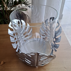 Fanal Plateado Portavela Monstera con Vidrio 11Cm - tienda online