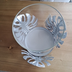 Fanal Plateado Portavela Monstera con Vidrio 11Cm