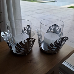 Fanal Plateado Portavela Monstera con Vidrio 11Cm - comprar online