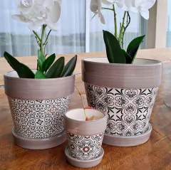 Set X3 Macetas con Plato Azulejo de Cerámica Marron - tienda online