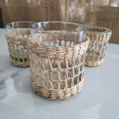 Vaso Posavela Rattan y vidrio calado grande 10cm - kazaru