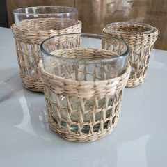 Vaso Posavela Rattan y vidrio calado mediano 8cm - kazaru
