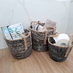 Cesto de Fibras Naturales gris con manijas canasto chico 20cm - comprar online