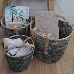 Cesto de Fibras Naturales gris con manijas canasto grande 30cm