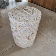 Cesto Rattan Blanco con asas y tapa chico 32X43cm - comprar online