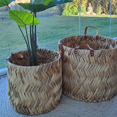 Canasto Redondo Krabi Jacinto y Cuero Chico - comprar online