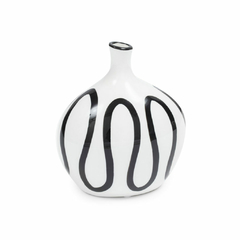 Florero blanco lineas negras ceramica mediano con cuello 18cm
