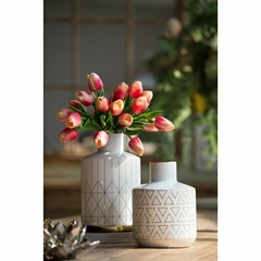Florero blanco rayitas doradas de ceramica Okko 20cm - kazaru