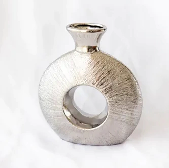 Florero anillo circular plata ceramica rayado chico 20cm