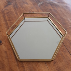 Bandeja espejada hexagonal dorada grande 35cm