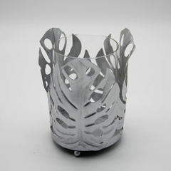 Fanal Plateado Portavela Monstera con Vidrio 11Cm