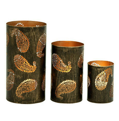 Set X3 Portavelas Fanales Metalicos Bronce Calados 30Cm 23Cm 15Cm