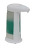Dispenser de jabón automático de color blanco con depósito transparente y líquido verde en su interior.