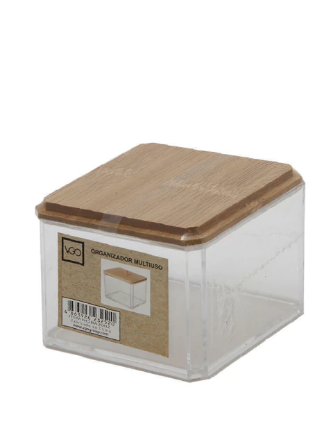 Organizador de acrílico con tapa de bambú, ideal para almacenamiento.